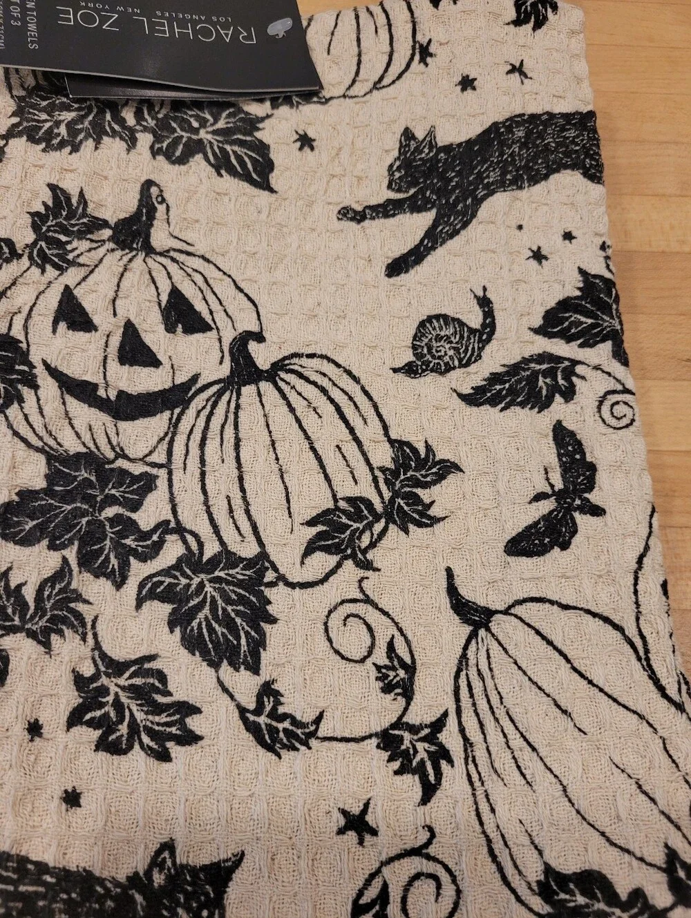 Rachel Zoe Cream and Black Halloween Pumpkin & Cat Kitchen Towel Set